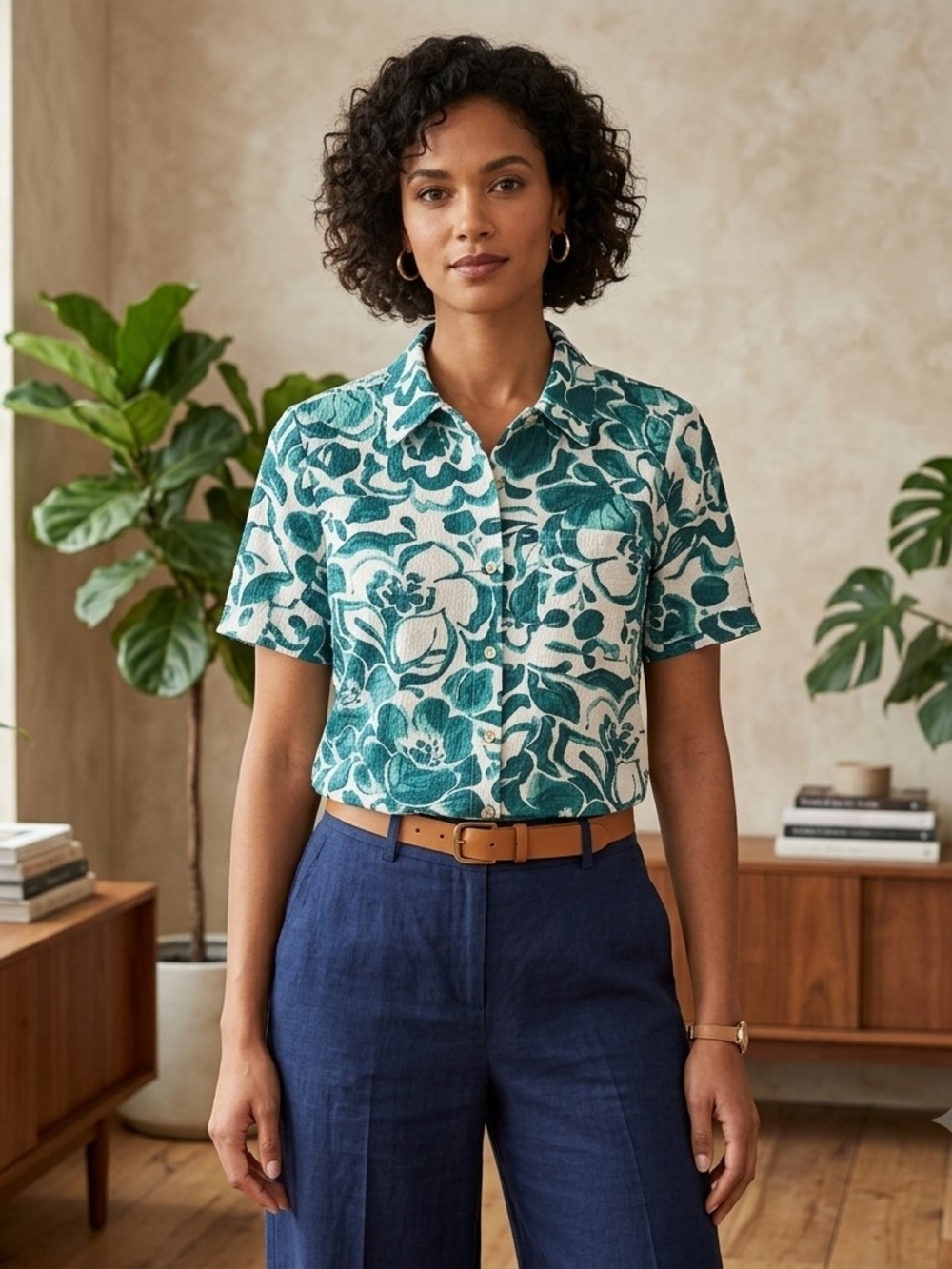kathy ireland Teal and White Floral Short-Sleeve Button-Down Shirt
